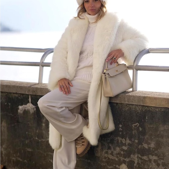 Elegant Cream Women's thick coat jacket faux fur midi long - Picture 3 of 6